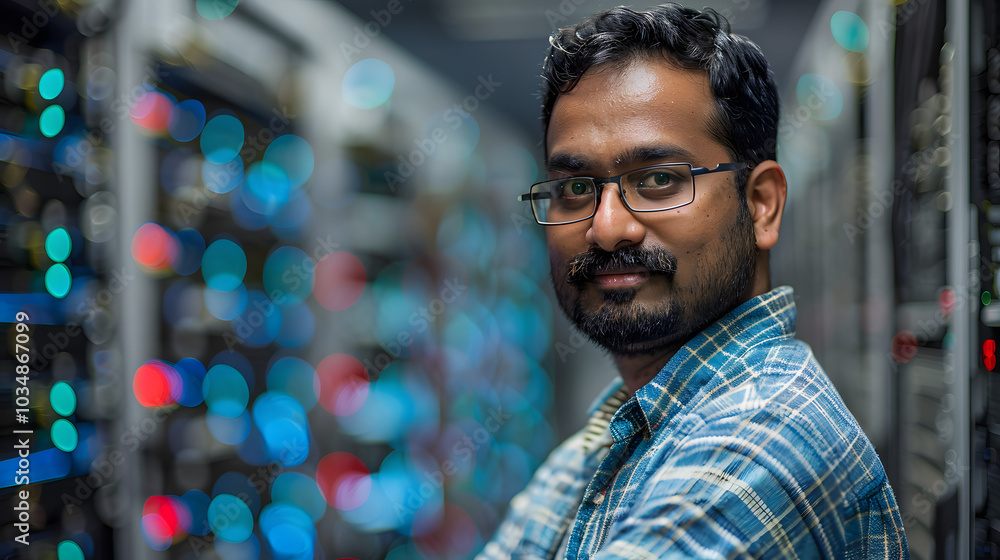 Poster portrait of indian engineer tech in computer server room