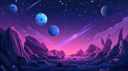 Fototapeta premium Planets with satellites meteors and asteroids in a dark starry sky create a cosmic fantasy scene A cartoon style 2D illustration for a futuristic computer game background
