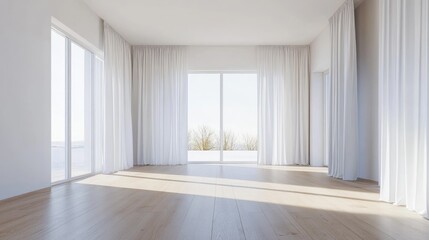 Bright minimalist room featuring a wooden floor spacious wall and white landscape view through curtained windows Nordic style interior design 3D rendering