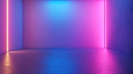 3D rendering of an empty studio scene with a blue and pink neon light background featuring gradient wallpaper and flooring suitable for product displays