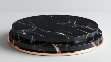 3D Rendered Black Marble Podium with Rose Gold Accents for Showcasing