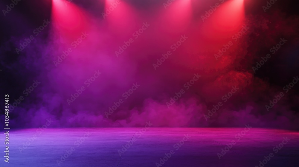 Poster dramatic large stage with red smoke illuminated backdrop in red and purple abstract blurred backgrou