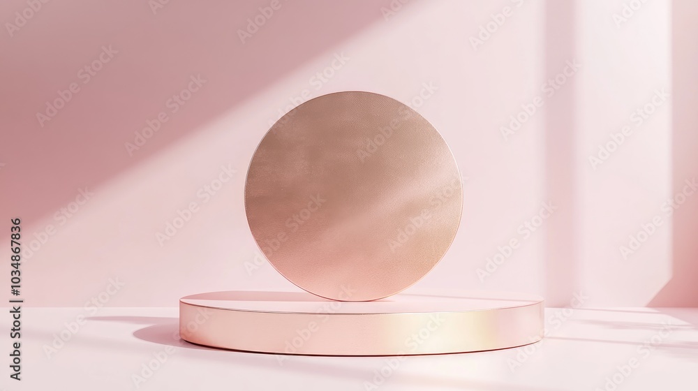 Poster glossy pink circular podium with studio backgrounds metallic rose gold blank display in a clean spac