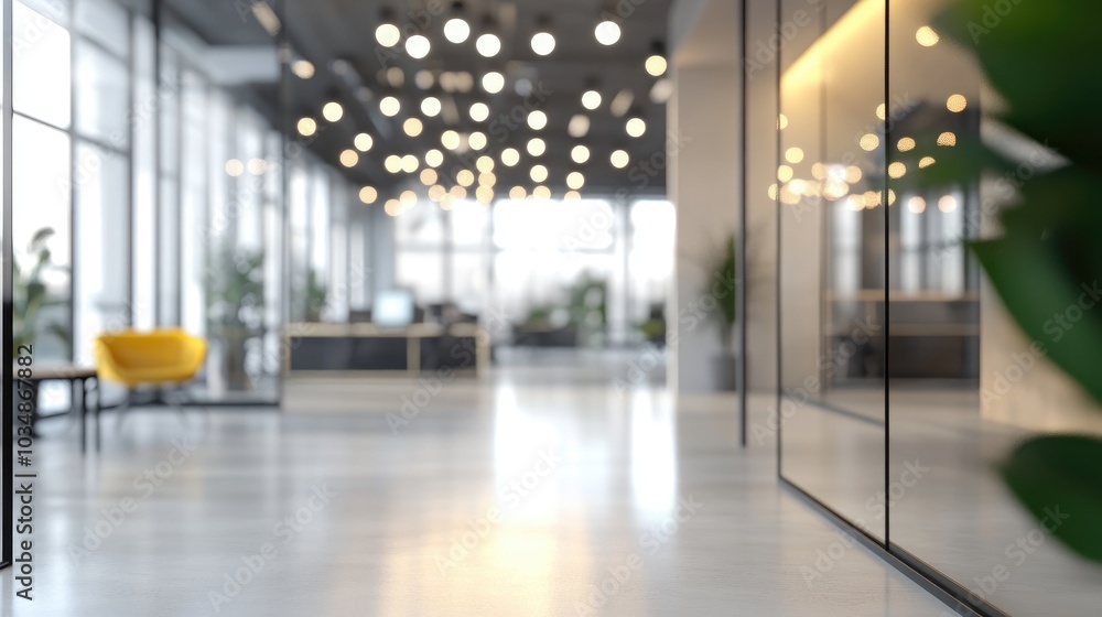 Poster 3d rendering of a blurred empty open space office with abstract light bokeh in the interior backgrou
