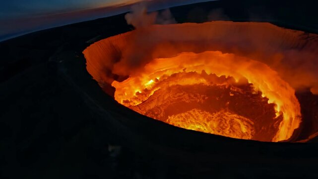 fly-through, high speed video of darvaza gas crater with eerie night glow, revealing the scale of the "door to hell"