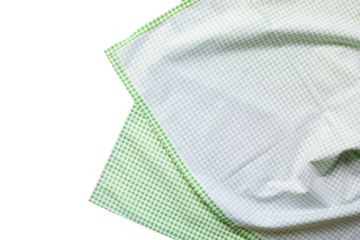 Placemat fabric cloth or arrangement of gingham-patterned fabrics in pastel green tones, isolate on a white background.food menu design textile