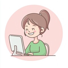 A cheerful girl enjoying her time working on a computer, showcasing happiness and productivity in a cozy workspace.