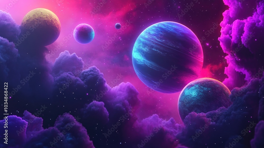 Poster cartoon style 3d rendering of planets and a nebula in space