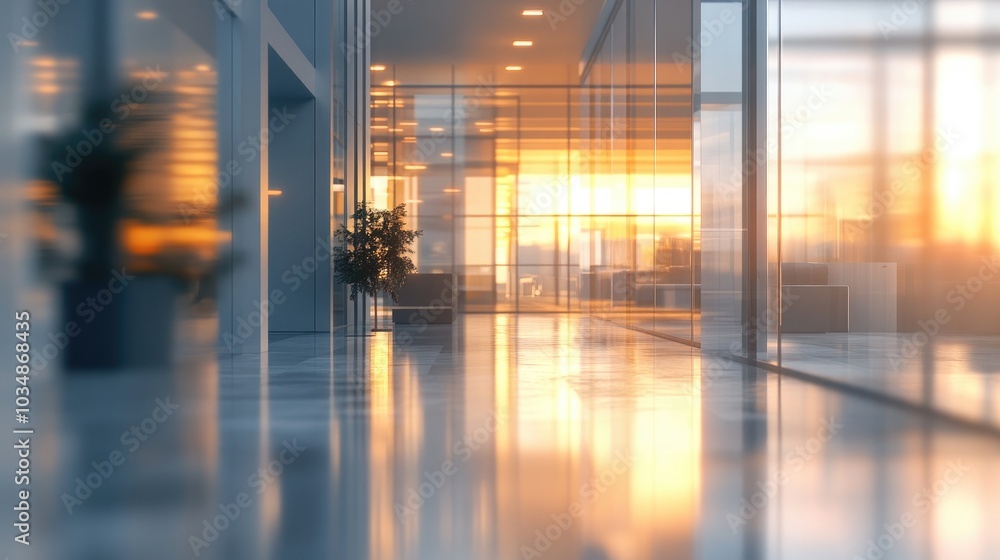 Poster 3d rendering of a blurred office background featuring a modern business hall with light reflections 