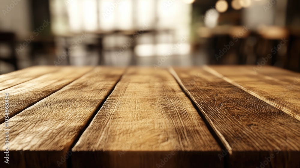 Poster 3d rendering of a close up view of a wooden table with a blurred background