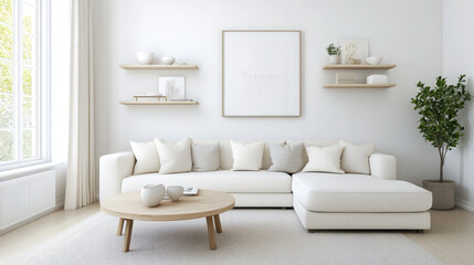 A modern living room featuring white sectional sofa adorned with soft pillows, round wooden coffee table, and minimalist decor on walls. natural light enhances serene atmosphere
