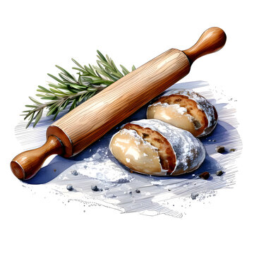 wooden rolling pin with bread and rosemary clip art preview