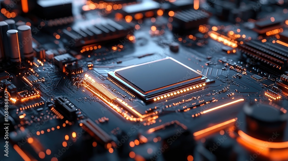 Poster close up view of a computer motherboard with intricate details and textures