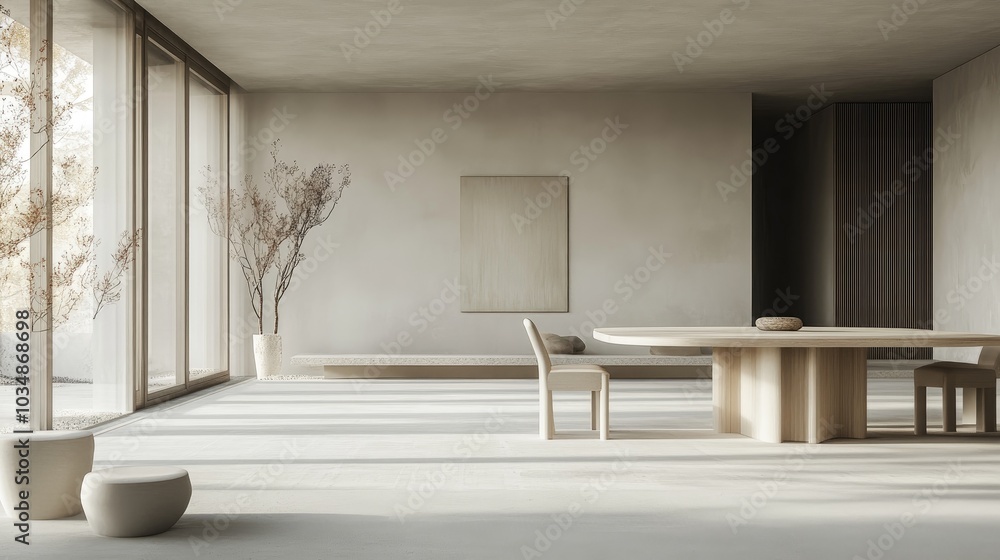 Poster 3d rendering of a spacious minimalist room featuring a table and chairs showcasing a clean and unclu