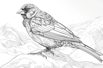 Fototapeta premium Coloring book illustration of a male blackbird perched on snow under gentle afternoon sunlight