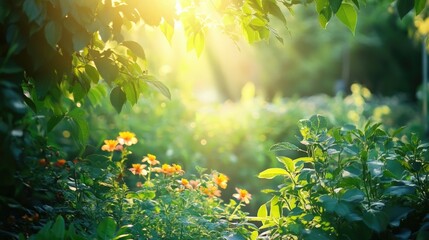 Obraz premium Vibrant green sunlight filtering through garden foliage