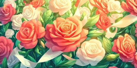 Blank card and envelope next to cream roses, white silk ribbons, and wedding rings from a top view, creating a romantic flat lay mockup with pastel flowers