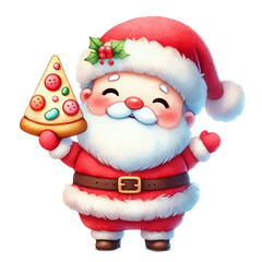 Santa holding pizza slice and Christmas gift
