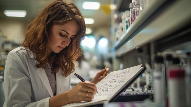A scientist analyzes data and records findings in a laboratory at a research facility