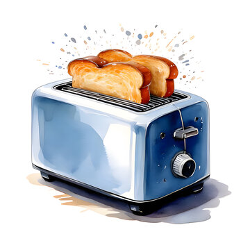 recommend clip art: watercolor clip art of a sleek stainless steel toaster with golden-brown toast popping up, placed with a scattering of butter