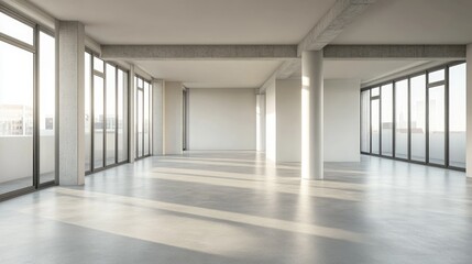 Fototapeta premium 3D rendering of a modern apartment interior featuring an empty space with concrete flooring and windows ideal for diverse furniture and home decor mockups panoramic view