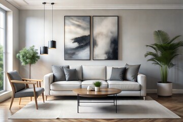 Fototapeta premium Modern living room with white sofa and minimal decor