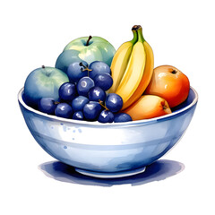 Watercolor clip art, hand-painted ceramic bowl filled with vibrant fruits, such as oranges, apples, and bananas, on white background