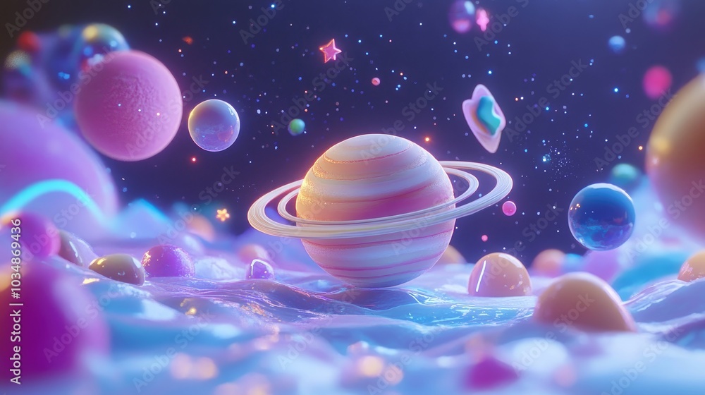 Poster 3d rendering of a galaxy and planet stars in free space with a cartoon style