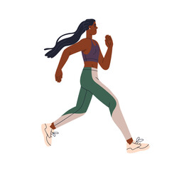 Black woman jogging. Female athlete in sportswear, exercising. Endurance training, cardio workout. Active healthy runner, jogger running. Flat vector illustration isolated on white background