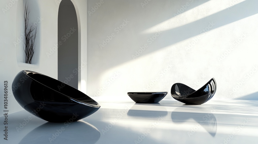 Poster dynamic interior featuring sleek black objects in a bright white space 3d illustration and rendering