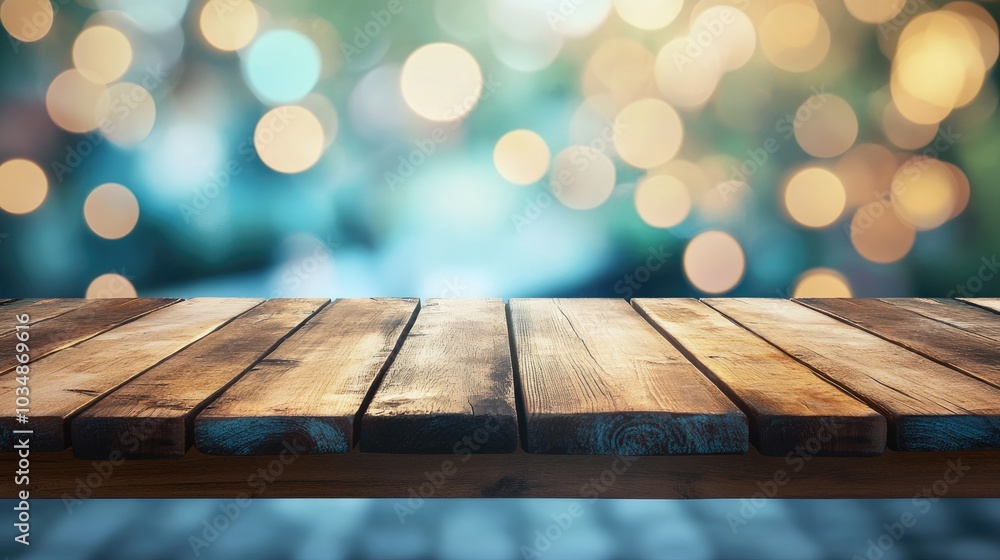 Aufkleber top view of a wooden table with a softly blurred abstract blue and white bokeh background ideal for 
