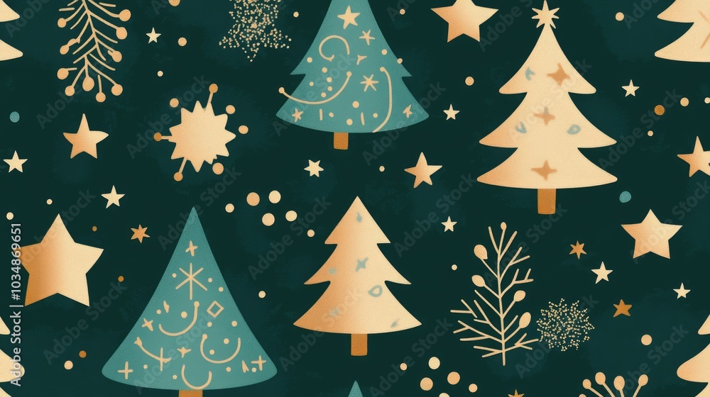 Poster teal green background adorned with starry elements creating a festive atmosphere