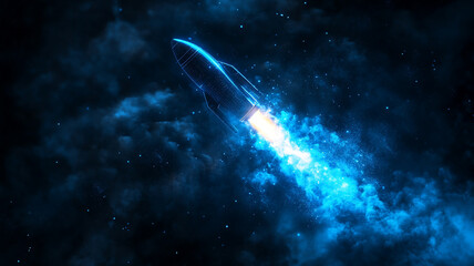 A futuristic rocket launches into the dark cosmos, leaving a trail of vibrant blue sparks