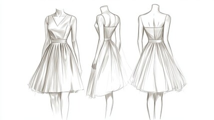 Ultra detailed, photorealistic fashion design sketch of a romantic tiered dress