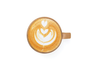 Top view, flat lay hot latte coffee with art heart shape in brown ceramic mug isolated on white background. space for your text.                      ...