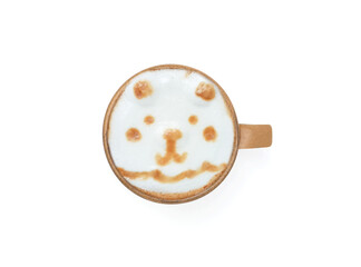 Hot latte coffee with art face bear shape in brown ceramic mug isolated on whithe background. Top view, flat lay with space for your text.       ..