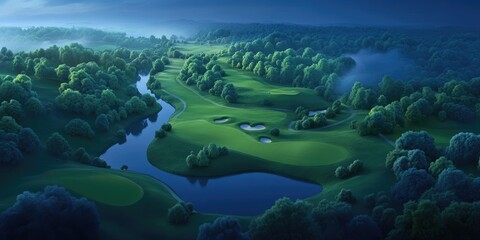 Aerial view of a golf course surrounded by scenic landscapes, Aerial view of a golf course with beautiful surroundings
