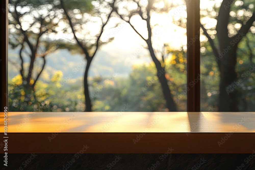 Poster a wooden table top with a blurred background of a forest scene with warm light streaming through the