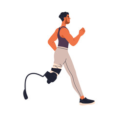 Man with prosthetic leg running. Athlete, person with disability doing sport, cardio workout, jogging. Active jogger, runner with prosthesis. Flat vector illustration isolated on white background