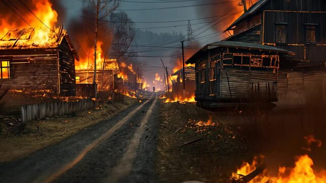 wildfire severe damage village which burning in fire