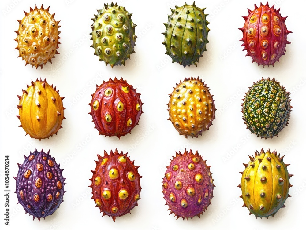 Poster collection of kiwano also known as african horned cucumber displayed on a white background the file 