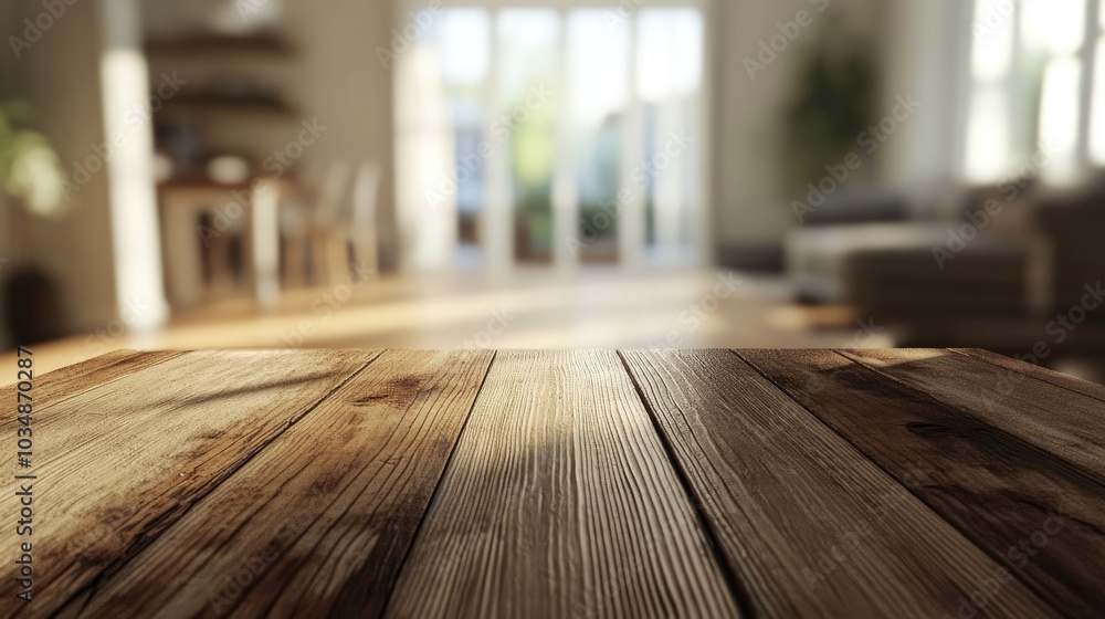Poster 3d rendering of an empty wooden tabletop with a blurred background perspective
