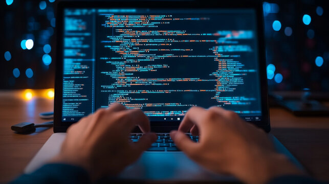 Coding on laptop with colorful programming code displayed on screen creates focused and dynamic atmosphere. hands typing suggest creativity and problem solving in tech environment