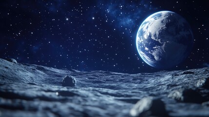 3D cartoon depiction of the Moon and Earth in space Nighttime Earth Moon surface featuring craters Planetary Moon
