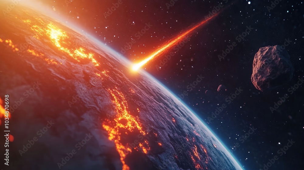 Poster 3d cartoon depiction of a comet asteroid and meteorite heading towards the planet featuring a glowin