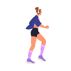 Woman jogging. Female runner in headphones, cardio workout. Active healthy young jogger running, profile. Girl training, exercising, doing sport. Flat vector illustration isolated on white background
