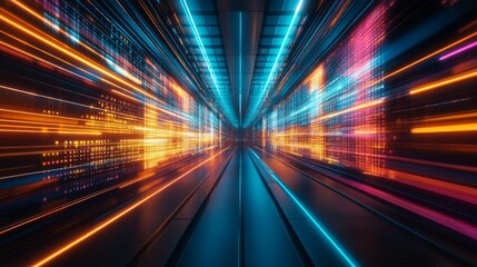 A vibrant, futuristic corridor with dynamic light streaks, suggesting speed and technology.