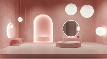 Pink backdrop featuring cosmetic items Minimalist scene with mirrors on the floor and spherical lighting Circular design on the wall Vacant display area Geometric shapes 3D rendering illustration