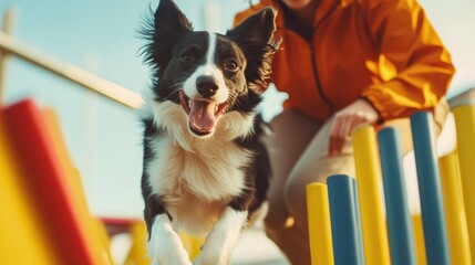 A dog agility trainer working with a dog on an obstacle course, guiding the dog through jumps, tunnels, and weave poles, showcasing the speed and the trainer skill