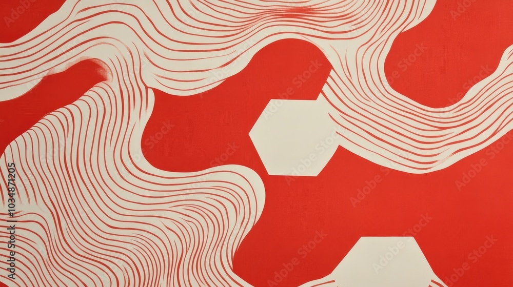 Poster red and white patterned piece of paper featuring a bold abstract design with a large hexagonal shape